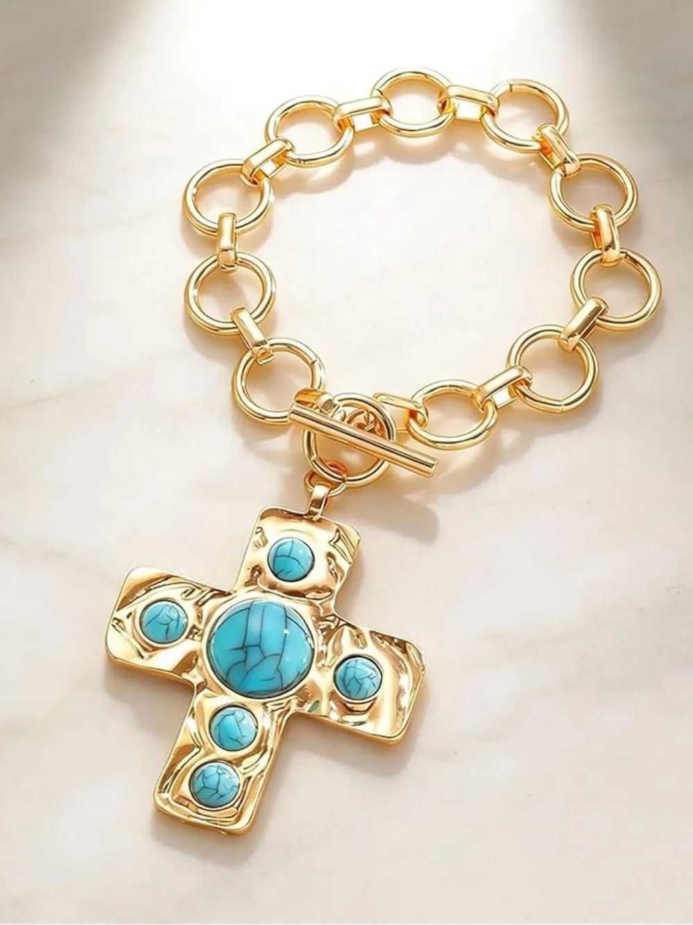 Anthropologie Gold-Tone Chain Necklace with Turquoise Cross Pendant
